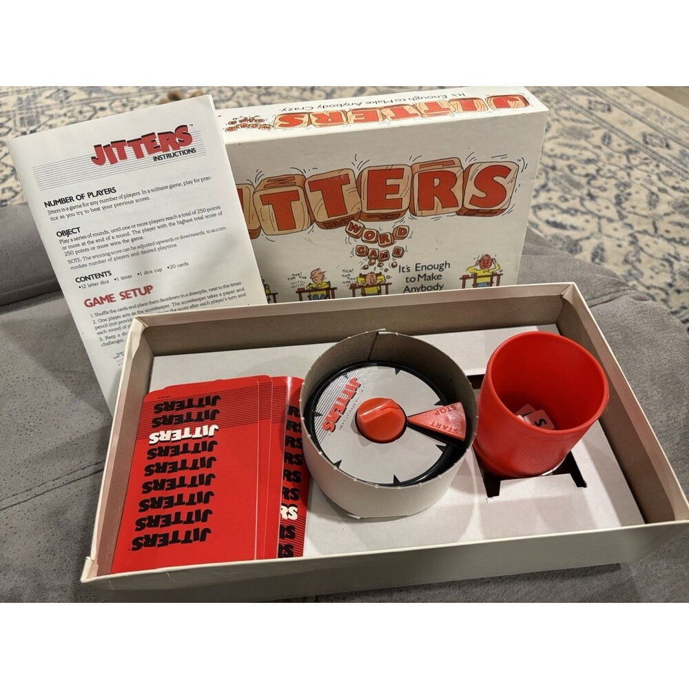 Vintage Jitters Word Game 1986 Milton Bradley Timer Cards Dice Cup Complete Fun